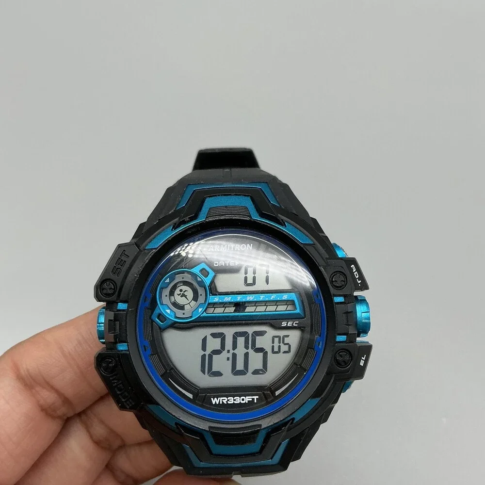 Armitron 40/8342 Mens Watch 53mm Digital Backlight Black Blue Resin New Battery